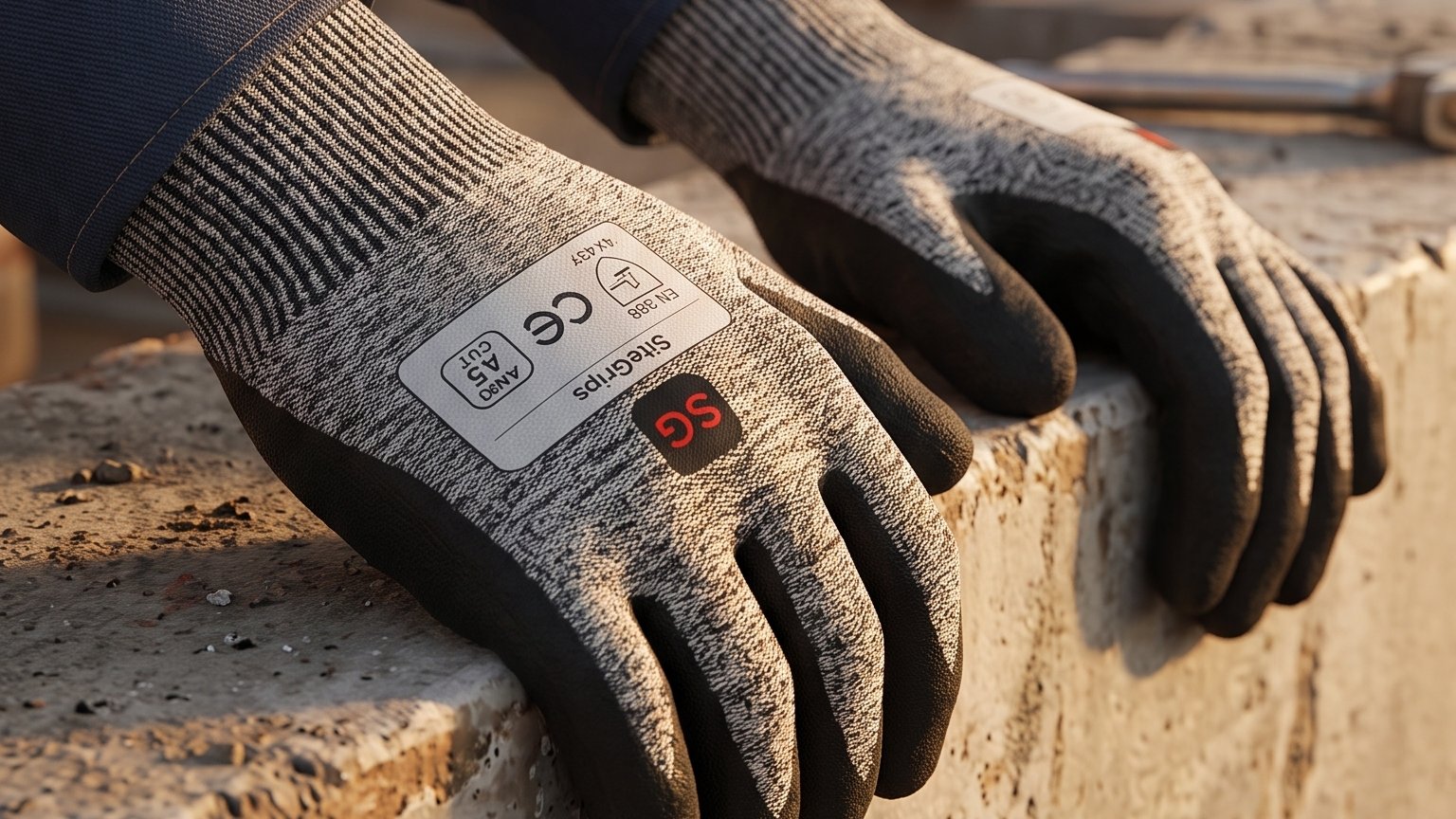 SiteGrips cut-resistant work gloves gripping concrete beam on construction site